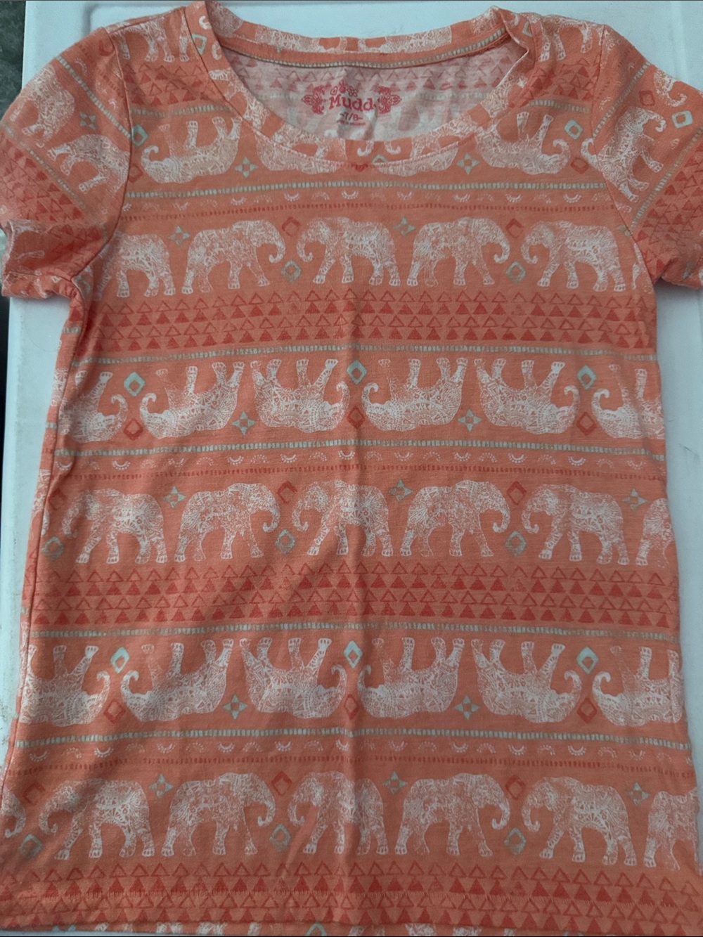 Mudd Kids Coral Orange Tee with White Elephant Pattern